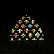 SN-02-03: Stained Glass Window, Collegiate Church, Roncesvalles, Via Turonensis, Navarra, Spain